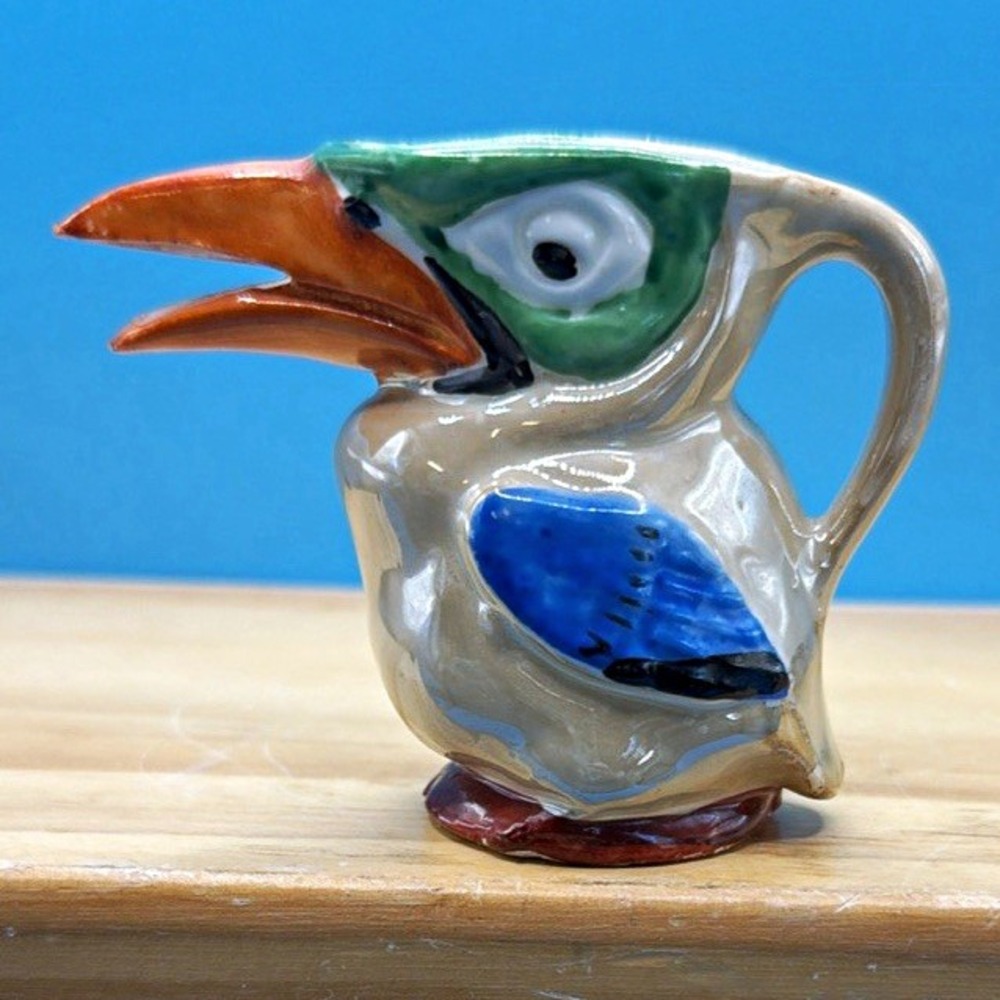 Ceramic Bird Novelty Jug cream Pitcher Glossy Multicolor Gray Green Blue Orange